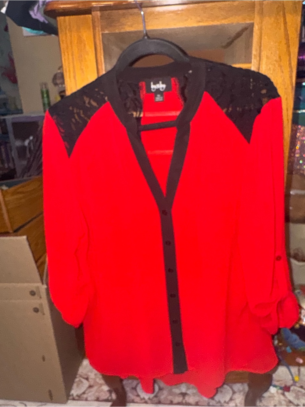 Beautiful Red Blouse with Black Lace Back & Shoulders XL
